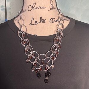 Silver Obsidian and Red Crystal Double Layer Necklace